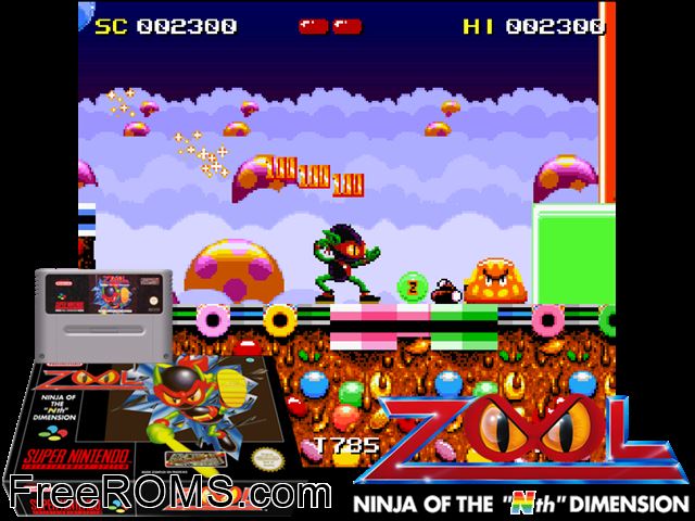Zool SNES game showing 3D box cover and gameplay screenshot