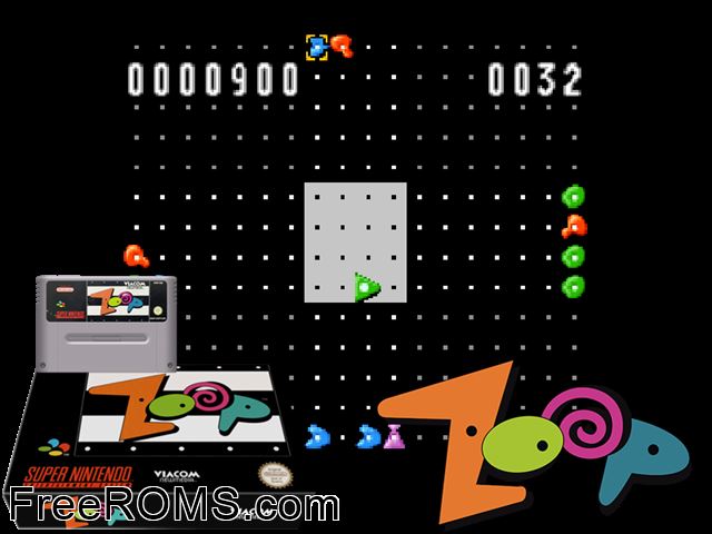 Zoop SNES game showing 3D box cover and gameplay screenshot