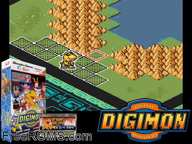 Digimon Digital Monsters - Anode and Cathode Tamer - Veedramon Version (Asia) [M][!] Wonderswan game showing 3D box cover and gameplay screenshot