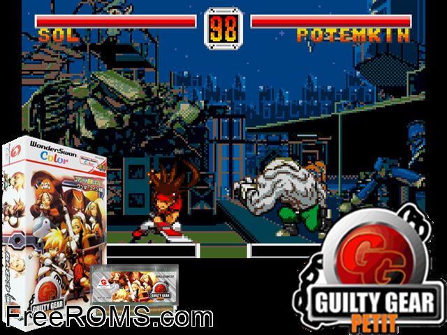 Guilty Gear Petit (J) Wonderswan game showing 3D box cover and gameplay screenshot