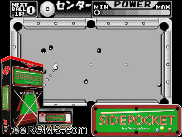 Side Pocket (J) [M][!] Wonderswan game showing 3D box cover and gameplay screenshot